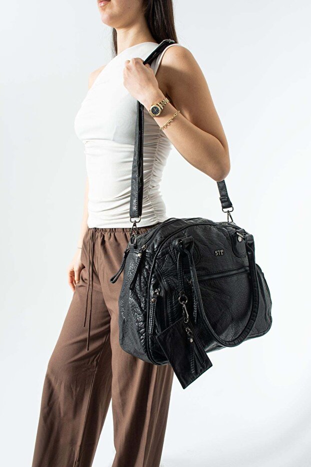 Washable Leather Multi-Compartment, Shoulder and Arm Bag Black Model: (571-14-18E)