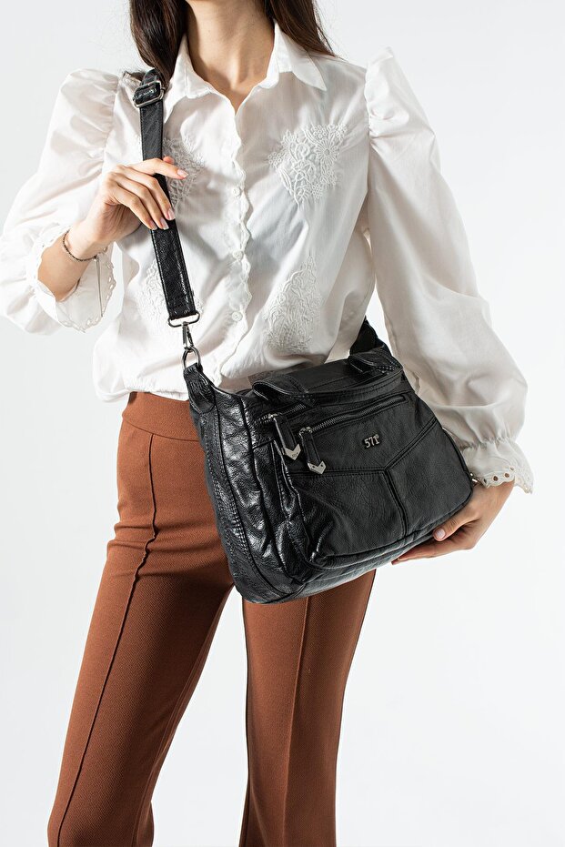 Washable Leather Multi-Compartment Crossbody Shoulder Bag Black Model: (571-14-12U)