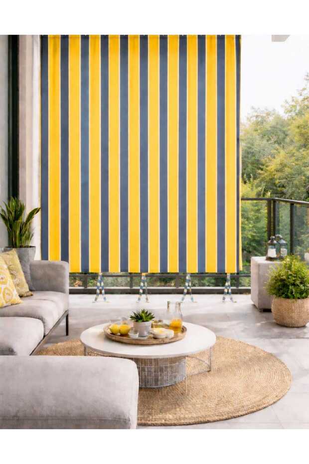 Luxury 1St Class Class Elegance Yellow Gray Color Balcony Curtain with Upper Cornice and Lower Lacing