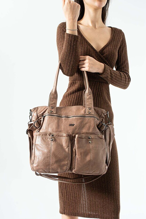 Washable Leather Multi-Compartment, Shoulder and Arm Bag Mink Model: (571-14-12t)