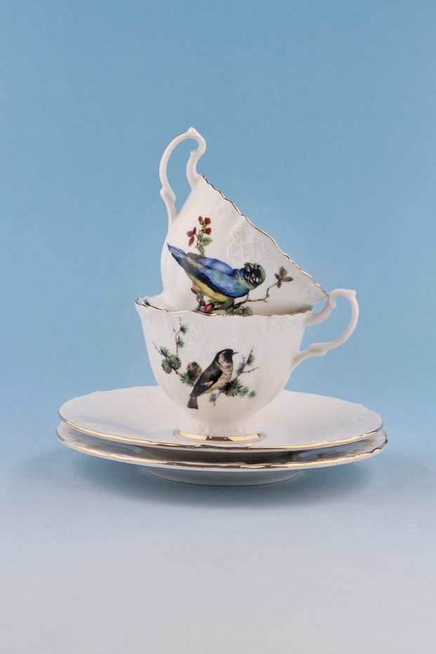 Colorful Birds Gold Gilded 2 Person Coffee Cup Set