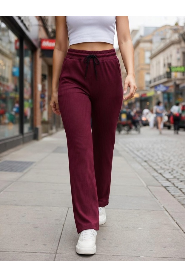 Wide Leg Burgundy High Waist Sweatpants