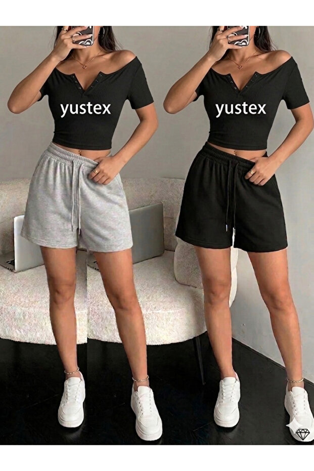 2-Piece Women's Black - Gray Basic Shorts Set - Comfortable Fit Above the Knee 2-Piece Economic Package