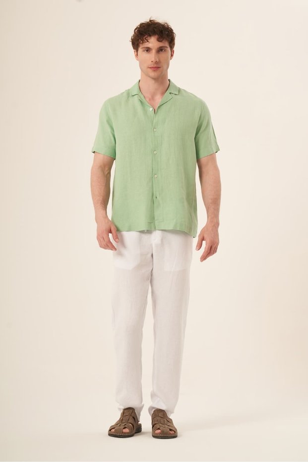Men's Short Sleeve Linen Shirt Green