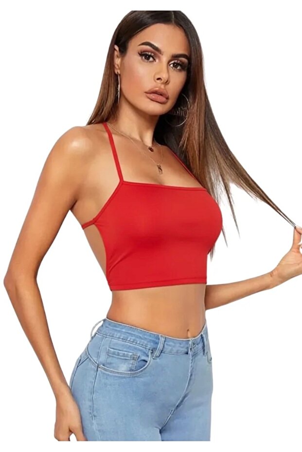 Red Backless Crop Bustier with Tie Back - 1