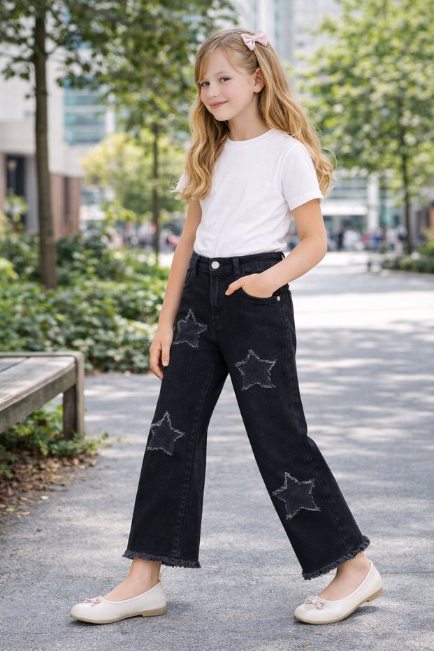 26904-26 Girls' Denim Trousers with Star Patch Detail, Tasseled Legs, Comfortable Fit, Daily Wear