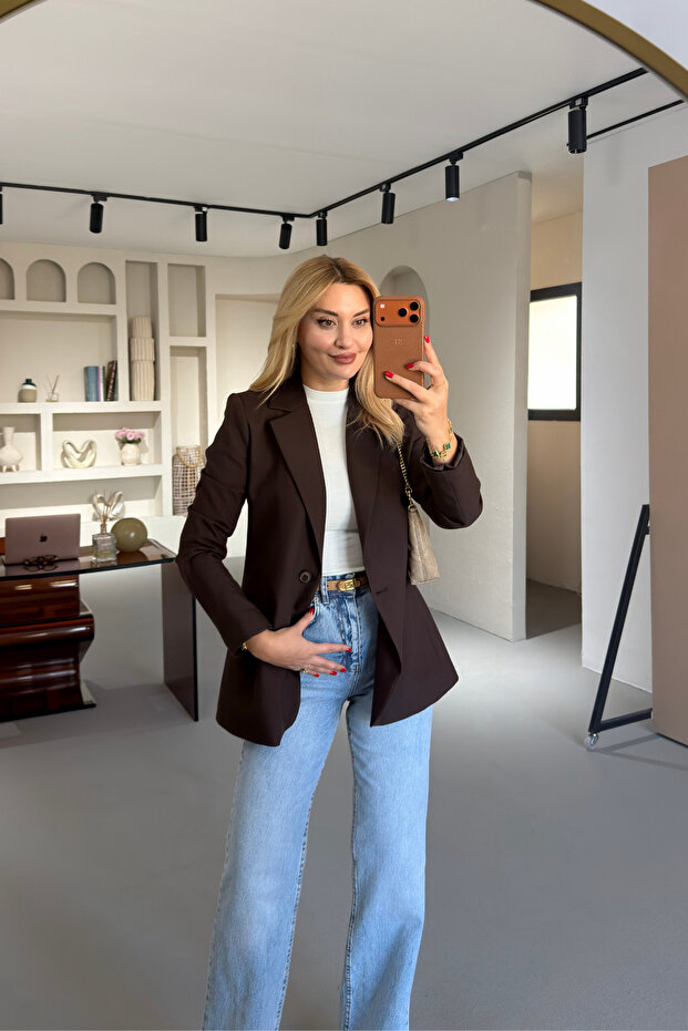 Single Button Brown Blazer Jacket - 1