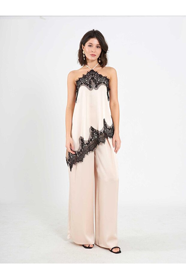 031649 Wide Pleated Satin Trousers Beige