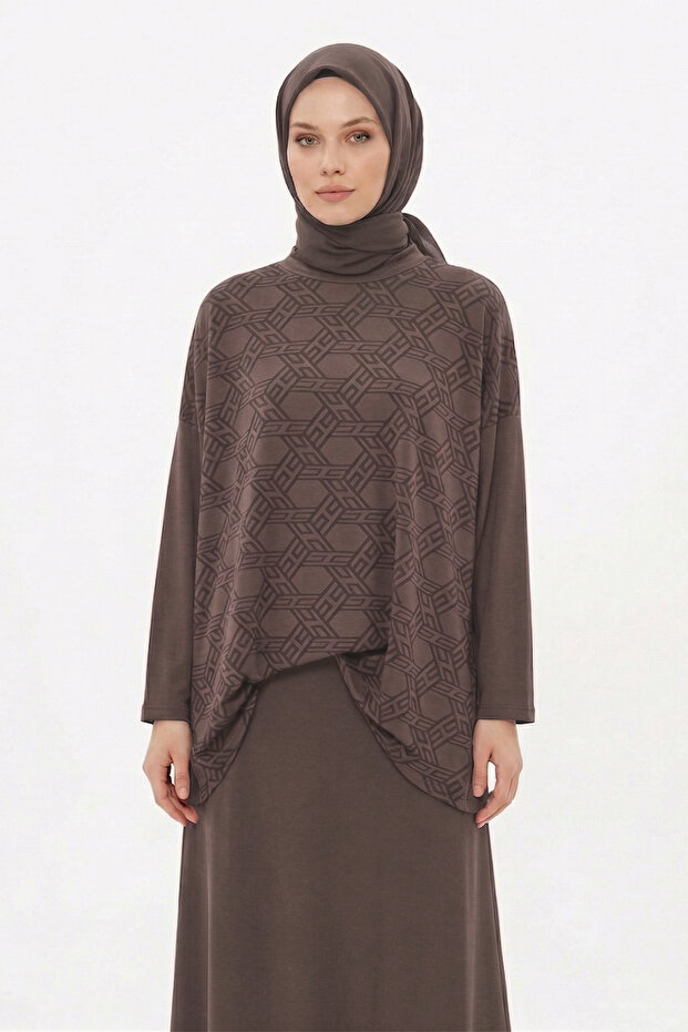 Pattern Detailed Skirt Suit 1058 Brown
