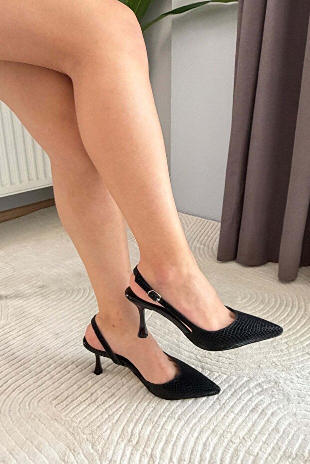 Women's Siena Black Snake Print Satin 7 cm Heeled Pointed Toe Open Back Strap Shoes