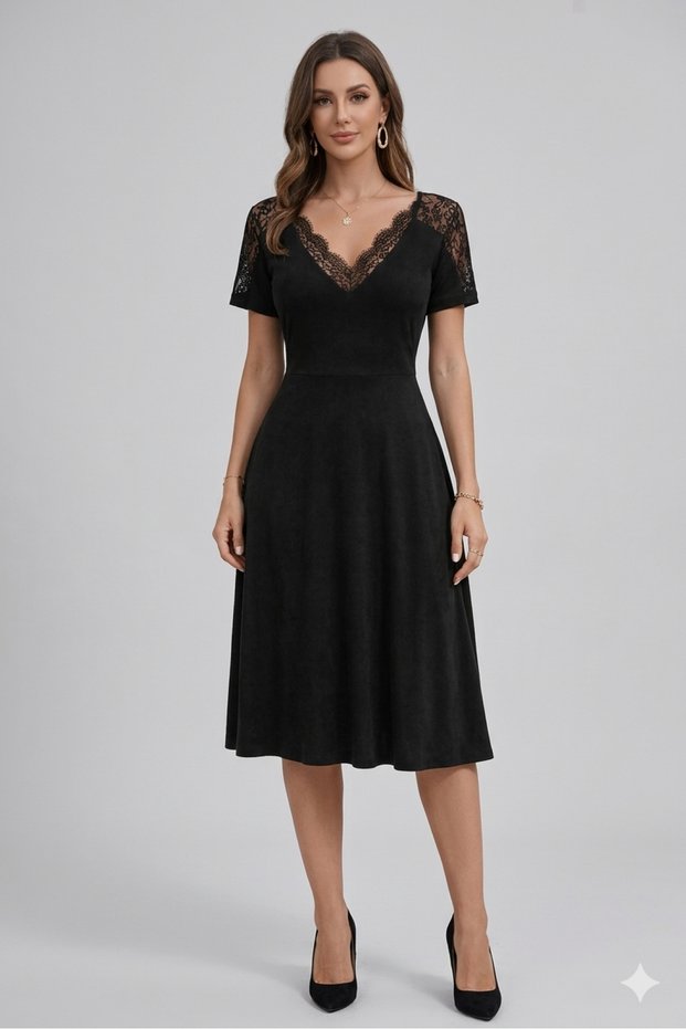 Women's Short Sleeve V Lace Collar Midi Viscose Dress, Summer Casual Dress