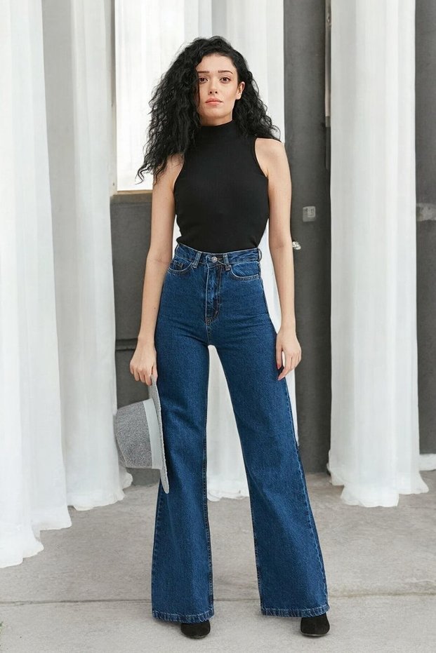 Women's Dark Blue Lycra Wide Leg High Waist Denim Trousers