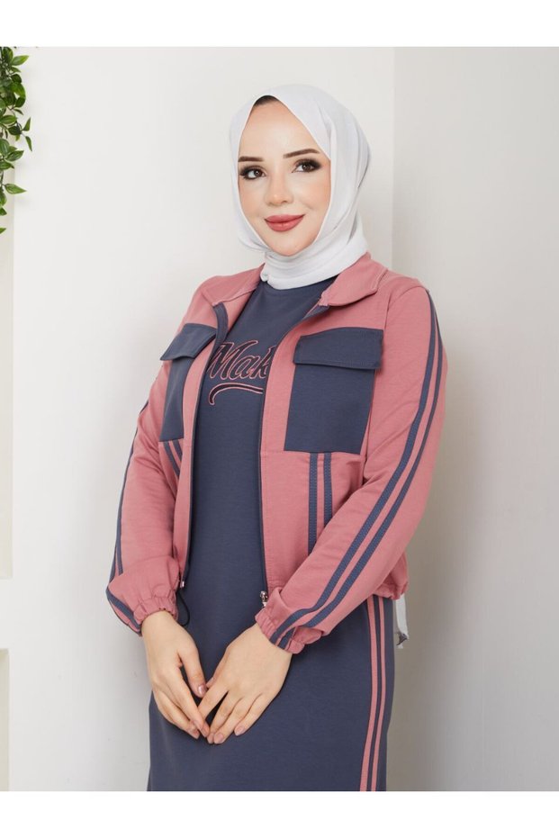 Women's 2-Piece Set Long Dress and Jacket with Pockets Two Yarns Cotton Stylish Sporty N-05479 _ Gray-Pink