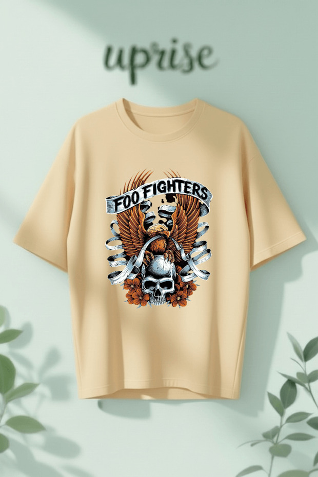 تي شيرت قطني كبير الحجم مطبوع عليه Foo Fighters