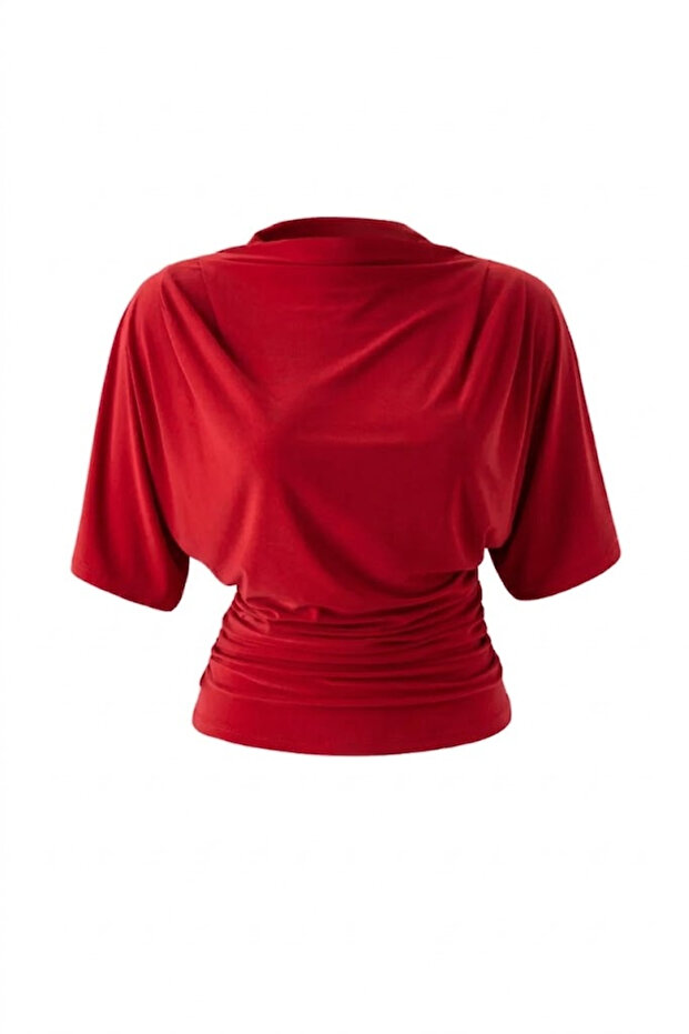 Red Gathered Waist Fitted Bat Sleeve Stretchy Blouse