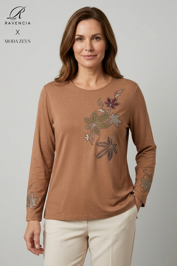 Women's Colorful Floral Leaf Patterned Collar and Skirt Stoned Embroidered Slit Lycra Mother Combed Cotton Blouse