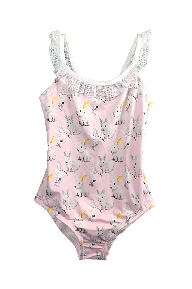 Ruffle Detailed Girls' Swimsuit with Rabbit and Bird Patterns