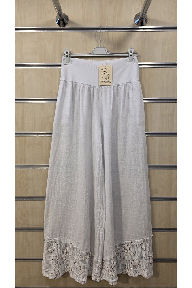 Linen Trousers with Lace and Sequin Detail on the Hem