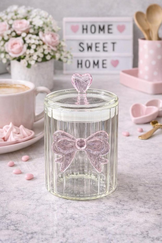 Small Decorative Glass Jar – Candy Jar with Heart Lid and Ribbon Detail - Ribbon Jar