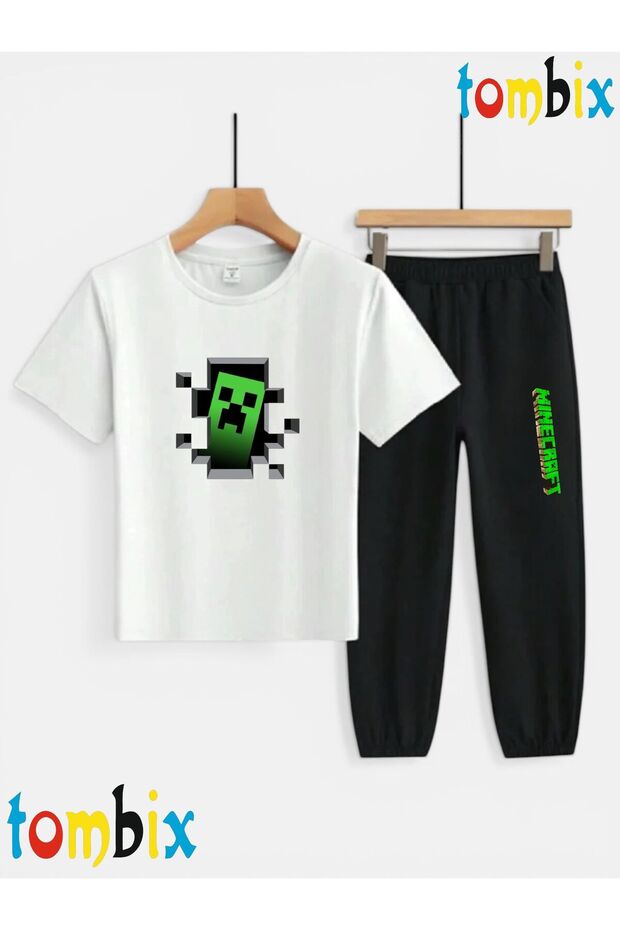 Green Shape Printed T-Shirt and Sweatpants (Sweatpants with Pockets) Children's Top and Bottom Set