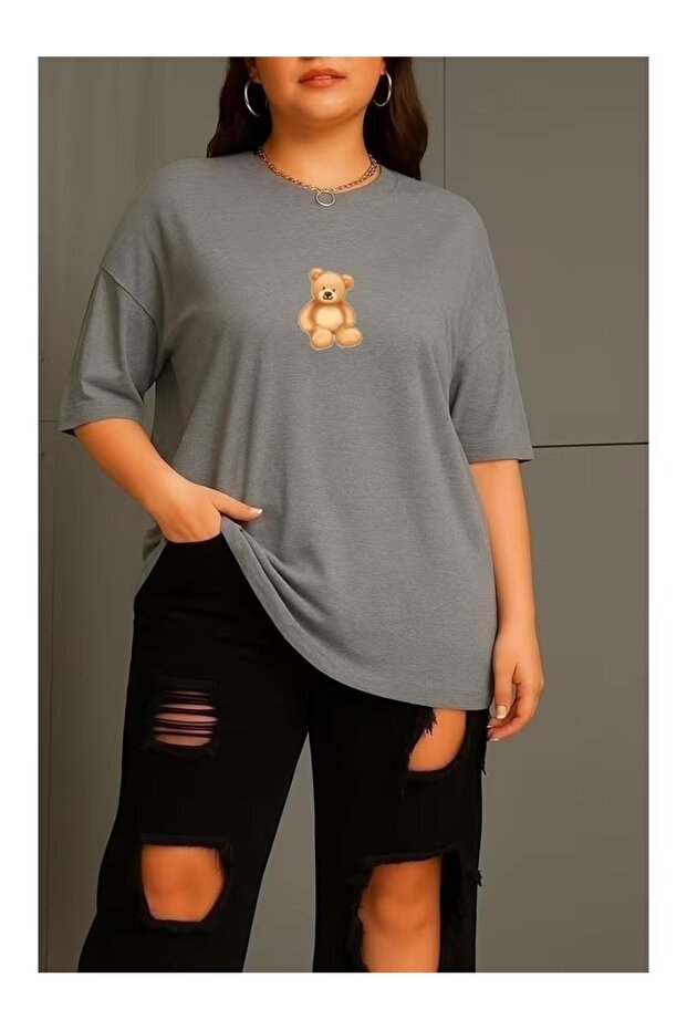Bear Printed Large Size Women's Oversize T-Shirt / T-Shirt
