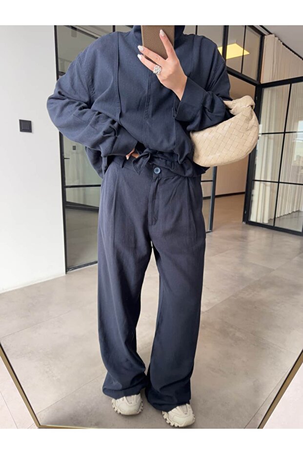 Pleated Linen Palazzo Trousers Navy Blue