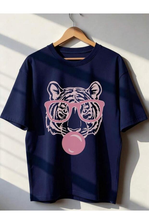 Tiger Printed Short Sleeve Crew Neck Navy Blue Women's Tshirt