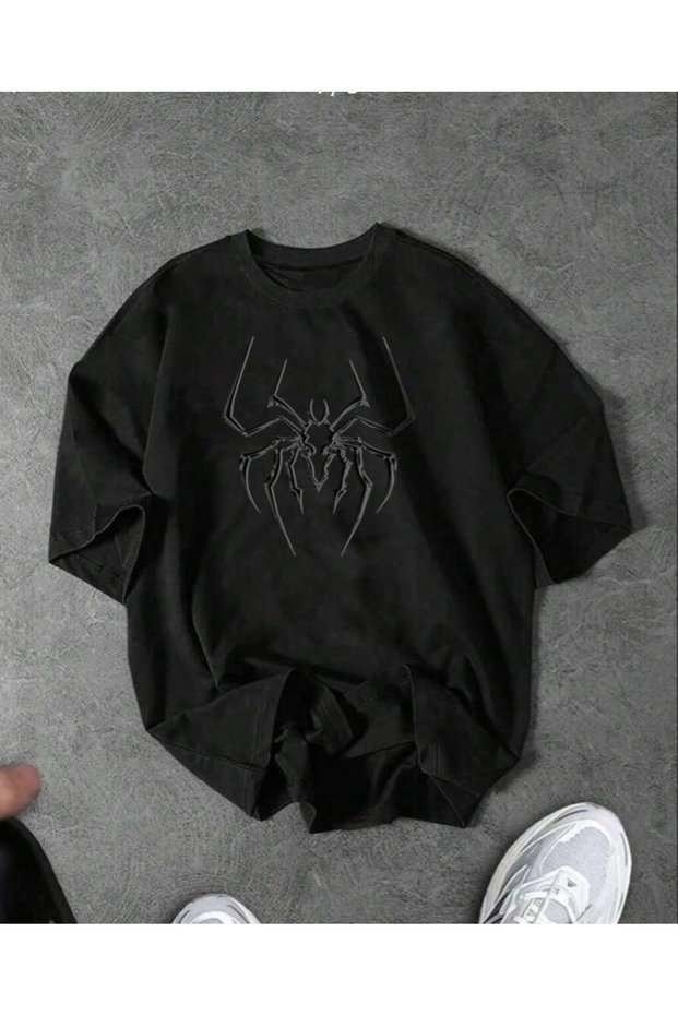 Spider Printed Short Sleeve Crew Neck Unisex Black Tshirt