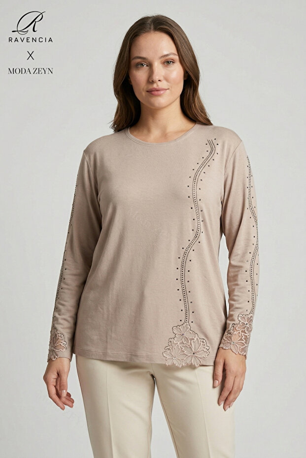 Women's Beige Spiral Stripe Patterned Lace Embroidered Stoned Slit Lycra Mother Combed Cotton Blouse