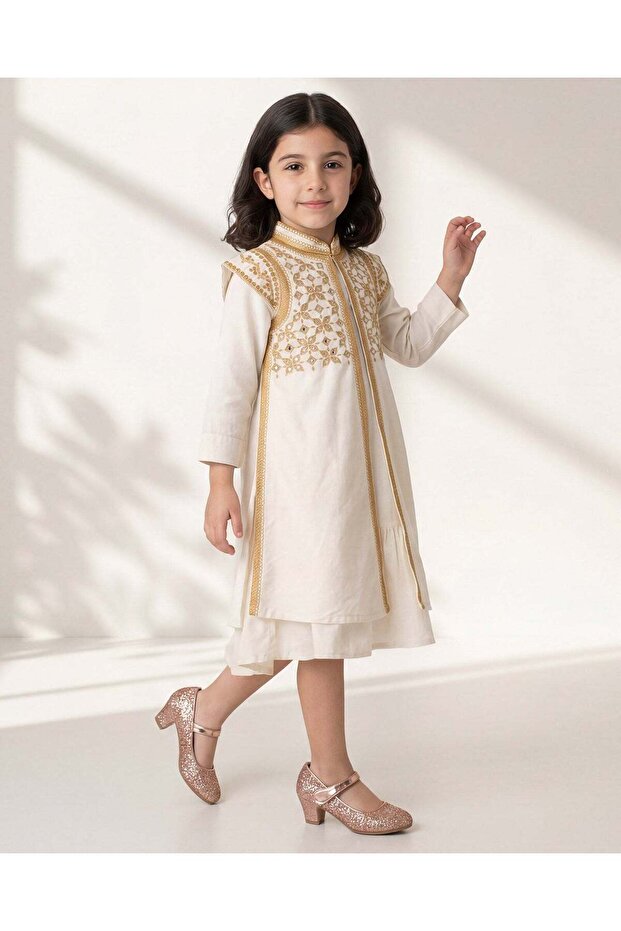 Girls White Embroidered Layered Dress