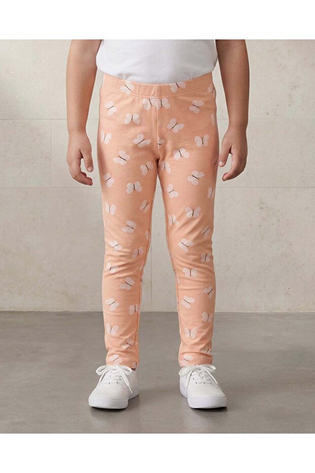 Girls Peach Butterfly Printed Leggings