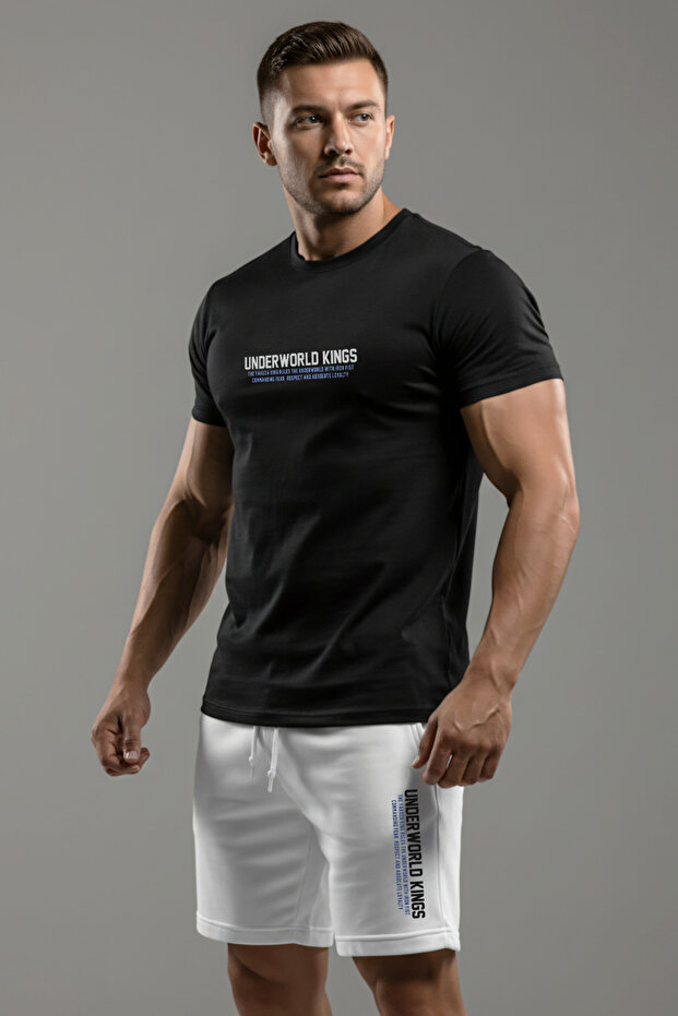 Premium 100% Cotton Men's Black and White Back Printed T-Shirt and Shorts Set