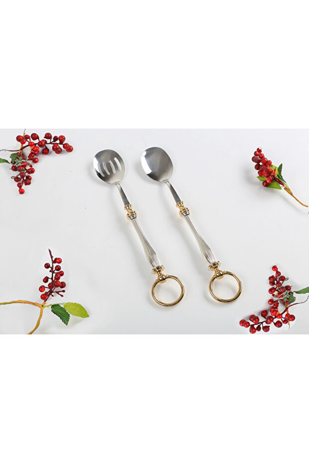 2-Piece Silver Salad Serving Spoon Set with Rings – for Stylish Presentation and Event Tables