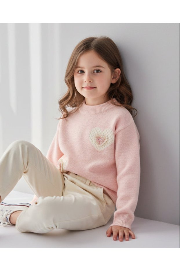 Girls Pink Textured Cardigan With Heart Embroidery