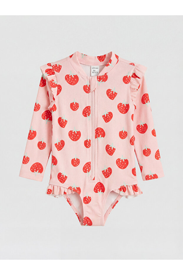 Floral Patterned Pink Long Sleeve Patterned Baby Girl Swimsuit