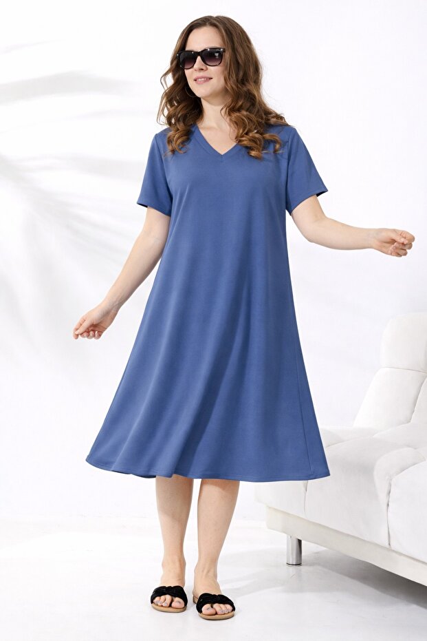 Summer Plus Size Viscose V-Neck Short Sleeve Dress 2688