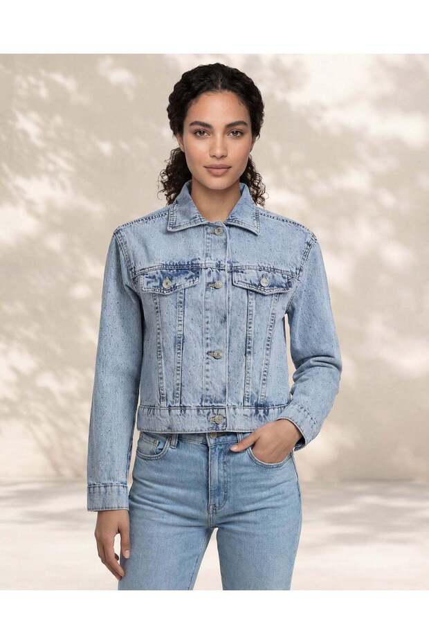 Women Blue Studded Denim Jacket