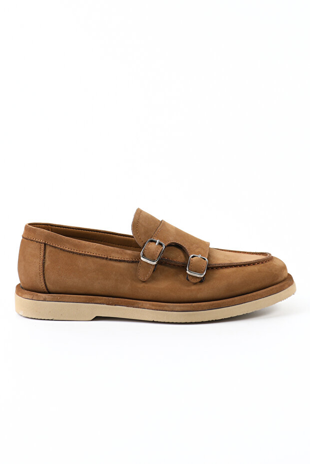 Genuine Leather Camel Nubuck Double Buckle Loafer Men's Shoes - E4598