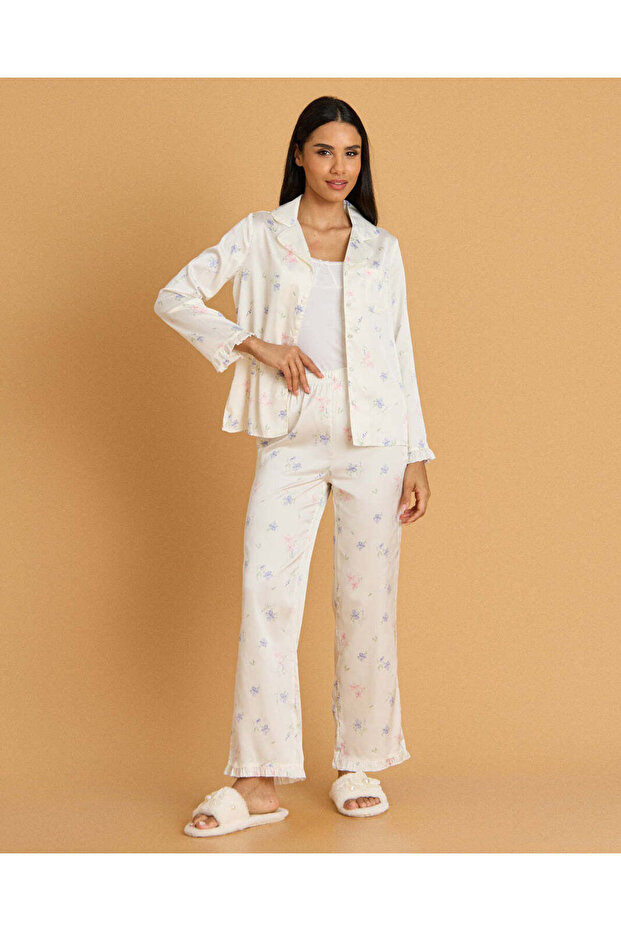 Women White Printed Satin Pyjama Set