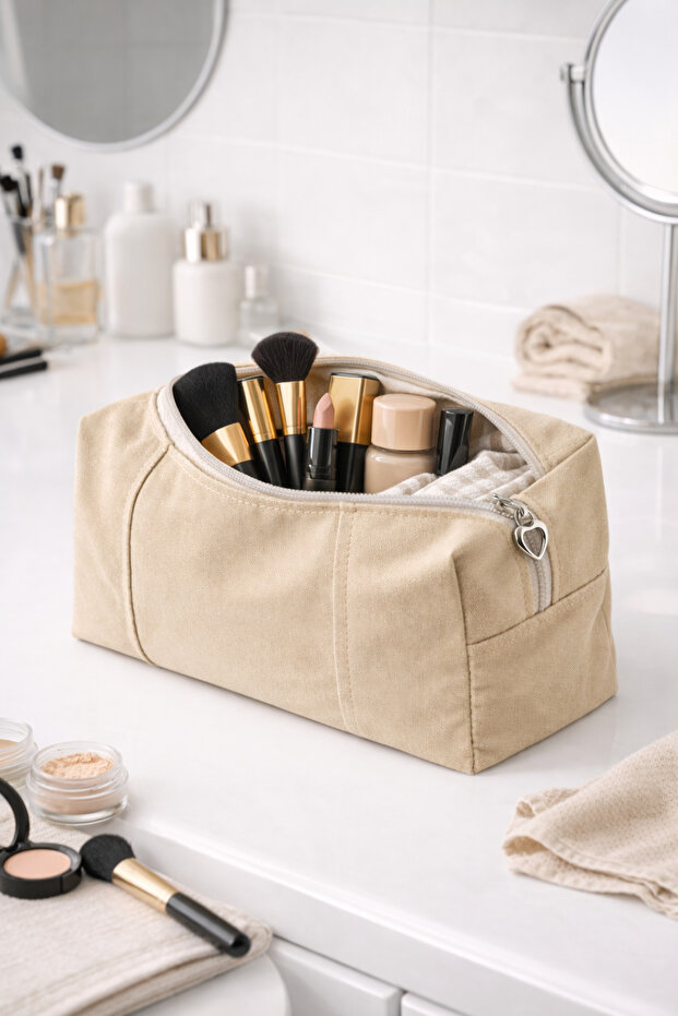 Multi-Purpose Care Bag Large Size Organizer Beige Heart Zippered Makeup Travel Bag