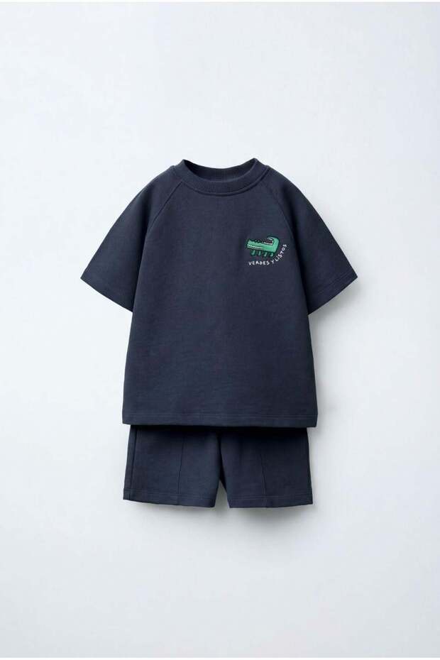 Unisex Kids Cotton Navy Blue Crocodile Embroidered T-Shirt Shorts Set