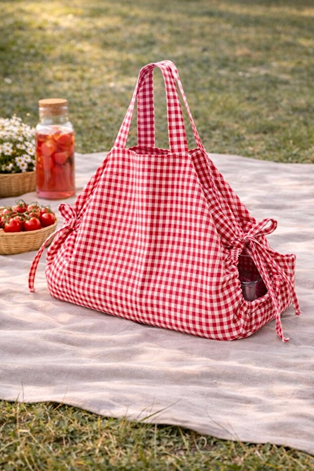 Adjustable Lace-Up Picnic Borcam Carrying Bag, Double Layer Red Gingham 50X80Cm