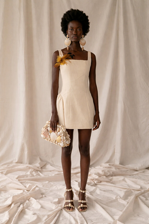 Chic Linen Mini Dress with Floral Accent – Ivory Tone