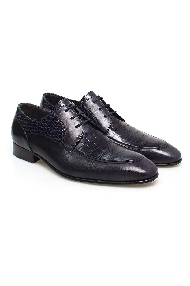 Dark Blue Color Lace-Up Genuine Leather Leather Sole Men's Shoes