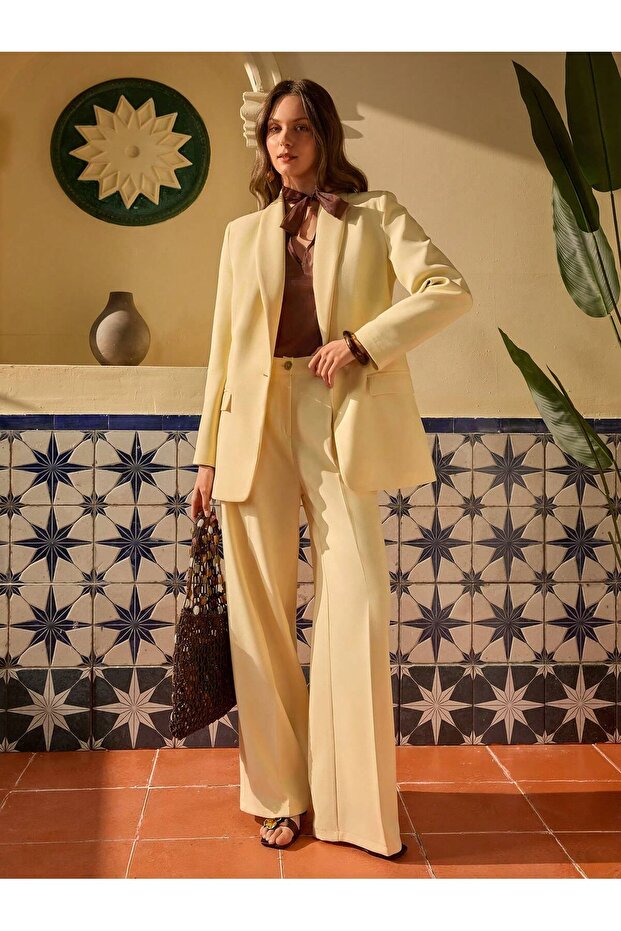 Hakim Lapel Collar Single Button Oversize Yellow Women's Suit Jacket and Trousers Set