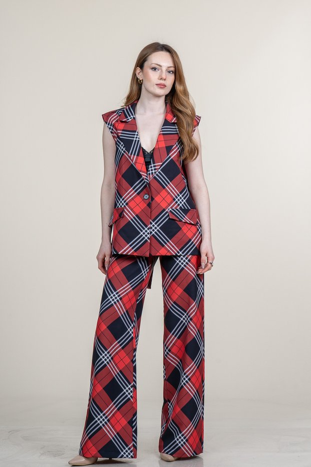 Women's Summer Red High Waist Back Slit Jacket Lapel Vest and Belted Trousers Casual Daily Office Stylish Set 1311