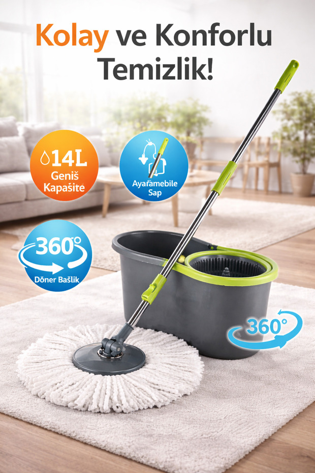 Palmira Simay 14 Litre Otomatik Temizlik Seti Pedalsız Döner Sıkmalı Mikrofiber Paspas Mop