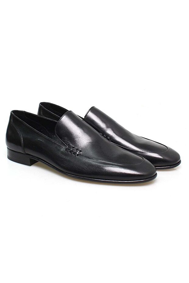Black Color Laceless Genuine Leather Leather Sole Men's Shoes