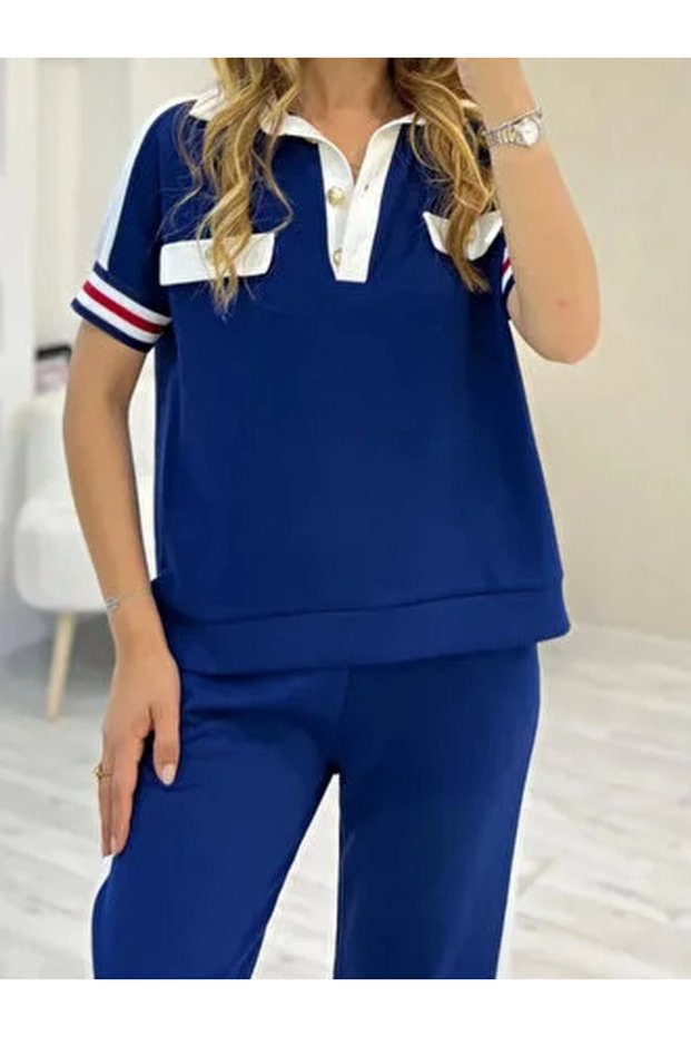 Women's Summer Polo Neck Striped Detail Tracksuit Set