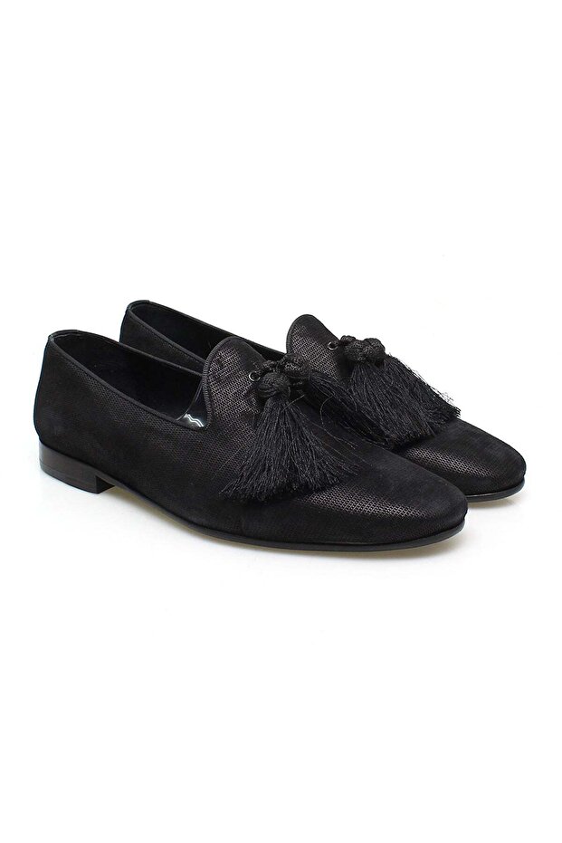 Black Color Laceless Genuine Leather Men's Shoes
